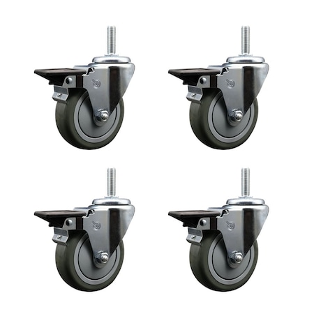 Service Caster 4 Inch Gray Polyurethane Wheel Swivel 34 Inch Threaded Stem Caster Set with Brake SCC SCC-TS20S414-PPUB-PLB-34212-4